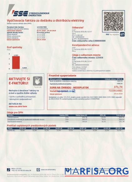 Realistic Slovakia SSE energy utility bill in PSD format example